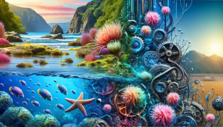 HD wallpaper depicting a vibrant tide pool with anemones, gears, and a starfish, set against a backdrop of majestic cliffs.