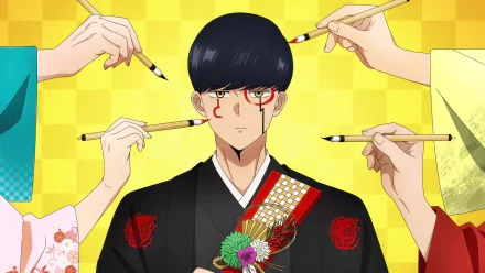 Anime character Mash Burnedead from Mashle: Magic and Muscles against a yellow background, HD desktop wallpaper.