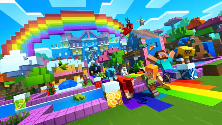 Colorful HD Minecraft video game wallpaper featuring characters and rainbow in a vibrant blocky landscape.