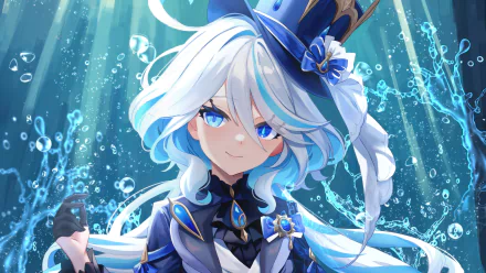 HD wallpaper featuring Furina from Genshin Impact video game with a dynamic underwater theme for desktop background.