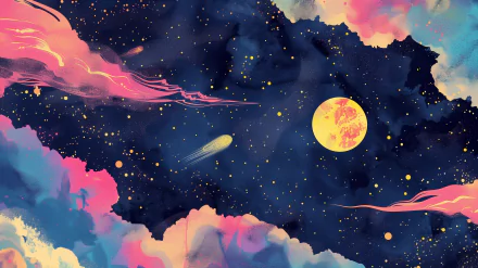 A vibrant galaxy scene featuring a glowing moon, colorful clouds, and a comet streaking through a star-filled sky, designed as an HD desktop wallpaper for a Sci-Fi ambiance.