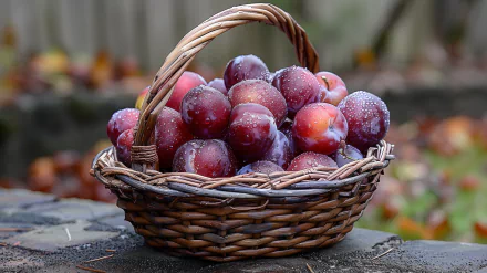 A close-up of a basket filled with fresh, dew-covered plums, set against a blurred autumn background, creating a vibrant HD desktop wallpaper and background.
