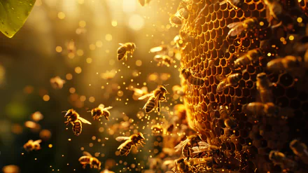 A vibrant beehive with busy bees flying around, illuminated by warm sunlight, creating a stunning HD desktop wallpaper and background.