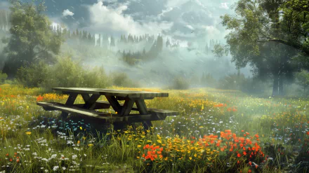 HD wallpaper of a picturesque wooden picnic table in a vibrant meadow with colorful wildflowers, trees, and misty mountains in the background.