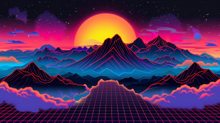 A vibrant retro HD desktop wallpaper featuring stylized mountains under a bright sunset, set against a cosmic backdrop with clouds and a grid pattern.