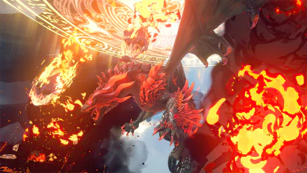 HD desktop wallpaper featuring dynamic battle scene from Granblue Fantasy: Relink video game with vibrant fire dragon.