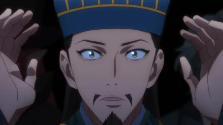 HD wallpaper of Kongming Zhuge from anime Ya Boy Kongming! with a focused expression, poised against a dark background.