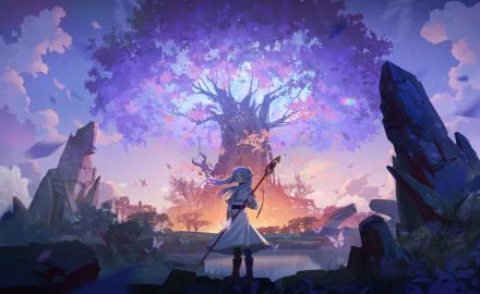A high-definition desktop wallpaper featuring Frieren from Frieren: Beyond Journey's End, standing before a magnificent, glowing tree with a vibrant purple canopy in a dreamy, twilight landscape.