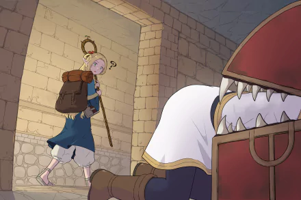 Anime crossover HD wallpaper featuring characters from Delicious in Dungeon and Frieren: Beyond Journey's End exploring a stone-walled dungeon corridor.