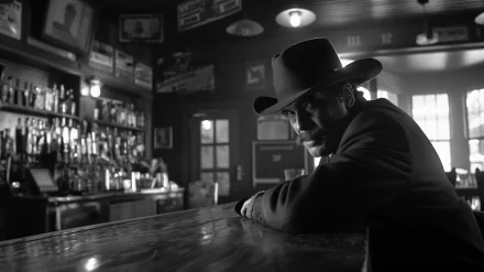 Black and white HD wallpaper featuring a contemplative sheriff seated at a saloon bar, evoking classic Western atmosphere for desktop background.