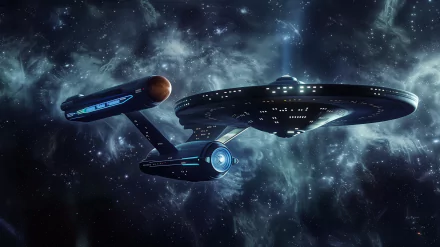 HD desktop wallpaper featuring the USS Enterprise soaring through a starry space background.