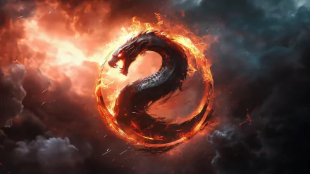 High-definition wallpaper featuring the iconic Mortal Kombat logo, showcasing a dragon encircled by flames against a dramatic, cloudy backdrop.