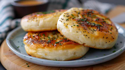 Freshly baked English muffins sprinkled with herbs on a plate, HD wallpaper and background.