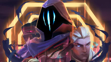 HD desktop wallpaper featuring Omen and Sova from Valorant, showcasing their intense expressions and dynamic poses against a vibrant, action-packed background.