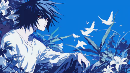 HD desktop wallpaper featuring the character L from the anime Death Note, with blue artistic background and white birds.