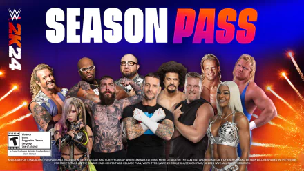 HD desktop wallpaper for WWE 2K24 video game featuring various wrestling superstars with a vibrant 'SEASON PASS' banner.