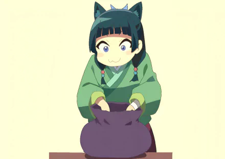 HD anime PC wallpaper featuring Maomao from The Apothecary Diaries, depicted in a green outfit holding a large purple bag with a neutral background.