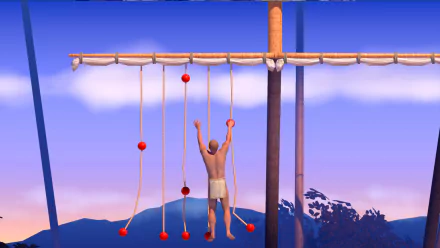 A challenging HD desktop wallpaper from A Difficult Game About Climbing, featuring a character climbing a rope structure against a vibrant sunset backdrop.
