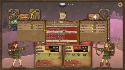 HD desktop wallpaper of Backpack Battles video game showing character stats and inventory in a stylized user interface.