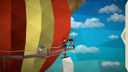 High-definition desktop wallpaper from the video game 'Passing By - A Tailwind Journey,' featuring a stylized character on a bridge with a vibrant geometric landscape and blue sky with clouds in the background.