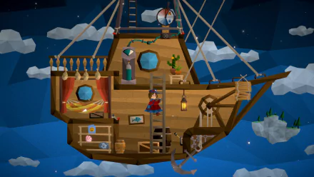 HD desktop wallpaper featuring a scene from the video game Passing By - A Tailwind Journey with a character aboard a fantastical flying ship soaring through a starry night sky surrounded by floating islands.