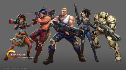 HD wallpaper featuring characters from the video game Contra: Operation Galuga, showcasing a diverse group of warriors armed with futuristic weapons.