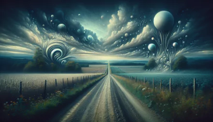 Surreal country road HD desktop wallpaper with a fantasy-themed sky featuring swirling clouds and floating orbs.