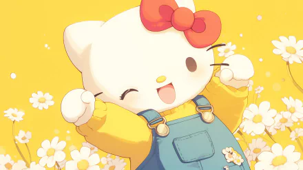 HD desktop wallpaper featuring a joyful Hello Kitty character from Sanrio anime, with a red bow on her head, smiling with closed eyes, and surrounded by white daisies on a yellow background.