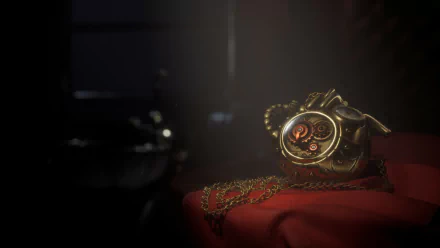HD PC desktop wallpaper from the video game Lies Of P, featuring a close-up of a detailed, ornate pocket watch resting on a red surface in dim lighting.