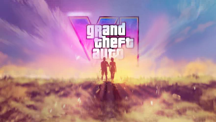 HD wallpaper featuring Grand Theft Auto VI logo with silhouettes in scenic backdrop for desktop background.