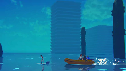 HD wallpaper featuring a serene scene from the video game Highwater with characters on a boat and paddleboard navigating through calm waters, juxtaposed by towering structures in the background.