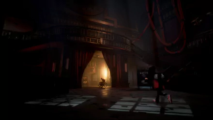 HD desktop wallpaper featuring a scene from the video game Gylt, with a character exploring a dimly lit, mysterious theater interior.