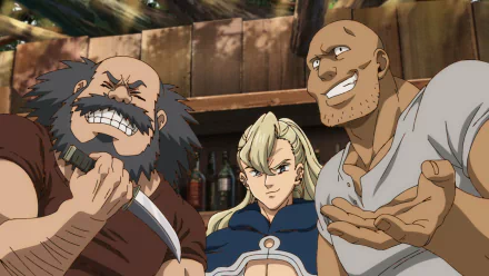HD wallpaper of characters from The Seven Deadly Sins: Four Knights of the Apocalypse anime, featuring a scene with three expressive characters.
