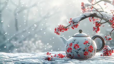 A serene HD wallpaper featuring a beautifully decorated teapot beside delicate red flowers, surrounded by a tranquil snowy landscape.