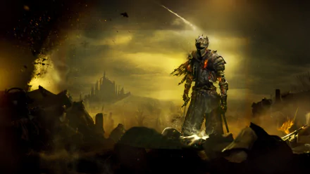 Dark Souls III HD PC desktop wallpaper featuring an armored knight standing amidst ruins under a stormy, fiery sky with a distant castle silhouette.