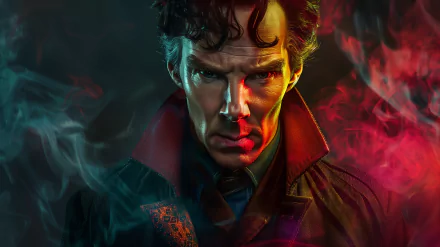 HD wallpaper featuring dramatic fan art of a Sherlock Holmes-inspired character shrouded in mystical red and blue smoke.