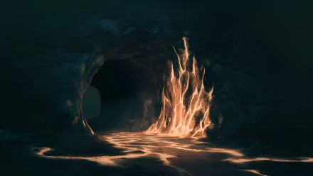 A glowing, warm fire illuminates a dark cave interior, evoking a sense of fantasy, exploration, and adventure in this 4K Ultra HD PC desktop wallpaper.