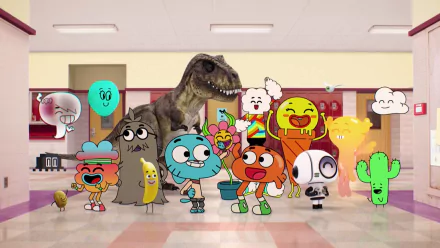 HD desktop wallpaper featuring characters from The Amazing World of Gumball, including Gumball and Darwin Watterson, with other animated characters in a school hallway.