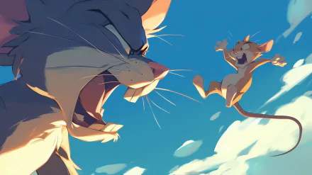 A vibrant HD wallpaper featuring Tom and Jerry, showcasing a dramatic moment with Tom angrily shouting while Jerry humorously leaps away against a bright sky.