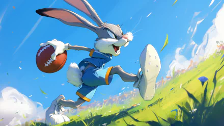 Bugs Bunny runs energetically with a football in a vibrant green field under a bright blue sky, captured in a dynamic HD desktop wallpaper.