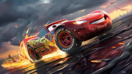 HD wallpaper of Lightning McQueen from Cars movie, racing dynamically with vibrant, fiery backdrop.