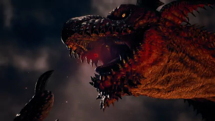 A powerful dragon from Dragon's Dogma 2 threatens in this HD desktop wallpaper, showcasing its fierce features and menacing glare against a dramatic background.