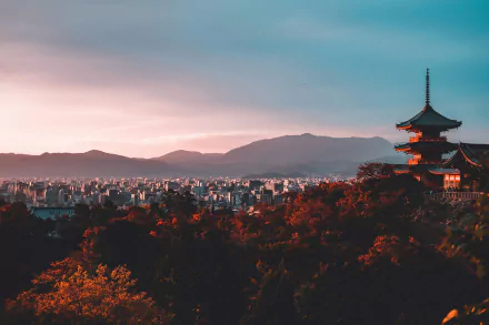 HD wallpaper of a serene Kyoto landscape at sunset with a traditional Japanese temple silhouette.