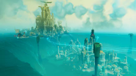 HD wallpaper featuring the awe-inspiring Bulwark cityscape from the video game Bulwark: Falconeer Chronicles, showcasing towering structures amidst vibrant skies and seas.