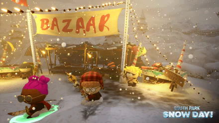 HD wallpaper of South Park: Snow Day video game featuring characters at a wintery bazaar scene for desktop background.
