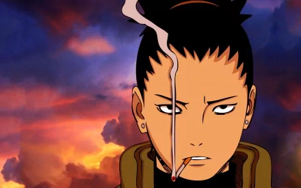 HD wallpaper featuring Shikamaru Nara from the anime Naruto, depicted with a serious expression and smoke curling from a cigarette against a vibrant, cloudy background.