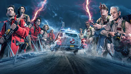 HD wallpaper featuring characters from Ghostbusters: Frozen Empire, with heroes in red outfits wielding proton packs and their iconic vehicle amid dynamic lightning effects.