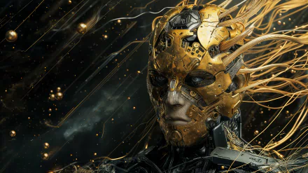 A detailed sci-fi portrayal of an artificial intelligence Emperor, featuring a golden, mechanical face with intricate circuitry and flowing energy, set against a dark, cosmic background.