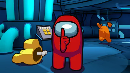 HD Among Us game wallpaper depicting a red crewmate with a suspicious look while an orange crewmate runs in the background on a spaceship interior.