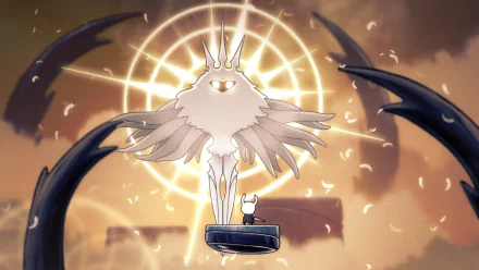 Hollow Knight HD desktop wallpaper featuring the Knight facing the Radiance in an epic game scene.
